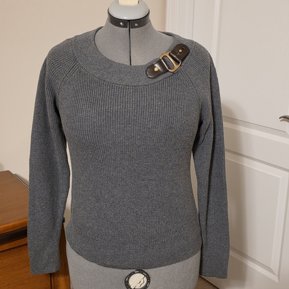 Lauren Ralph Lauren Gray Cotton Ballet-Neck Sweater, Size M